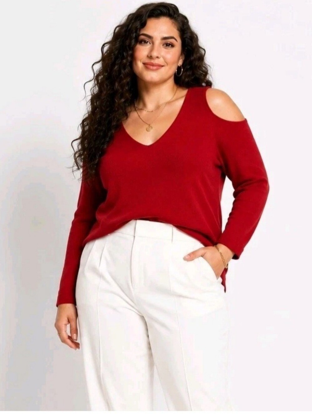 Roz & Ali Womens 2X Red Cold Shoulder V Neck Knit Tunic Sweater Plus Size